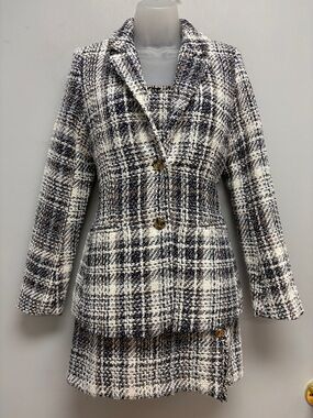 Francesca’s Tweed 2-Piece Set Blazer + Mini Dress | Navy Cream Plaid | XXS/XS